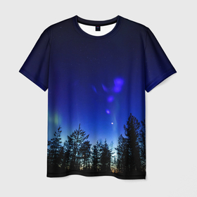 Мужская футболка 3D с принтом Полярный ночной лес , 100% полиэфир | прямой крой, круглый вырез горловины, длина до линии бедер | Тематика изображения на принте: 