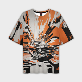 Мужская футболка oversize 3D с принтом Ретро автомобиль черно оранжевого цвета в Белгороде,  |  | 