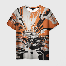 Мужская футболка 3D с принтом Ретро автомобиль черно оранжевого цвета в Курске, 100% полиэфир | прямой крой, круглый вырез горловины, длина до линии бедер | Тематика изображения на принте: 