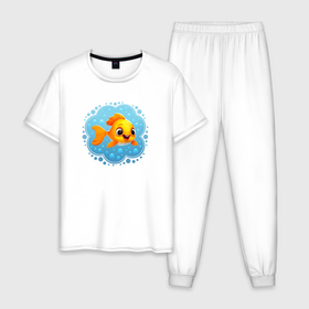 Мужская пижама хлопок с принтом Сказочная золотая рыбка исполняющая желания , 100% хлопок | брюки и футболка прямого кроя, без карманов, на брюках мягкая резинка на поясе и по низу штанин
 | 