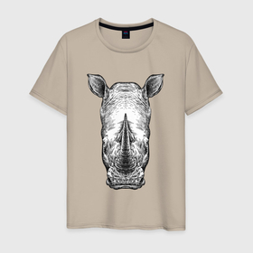 Мужская футболка хлопок с принтом Носорог голова в Ухте, 100% хлопок | прямой крой, круглый вырез горловины, длина до линии бедер, слегка спущенное плечо. | Тематика изображения на принте: 