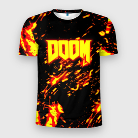 Мужская футболка 3D Slim с принтом Doom огненный стиль ад марса в Курске, 100% полиэстер с улучшенными характеристиками | приталенный силуэт, круглая горловина, широкие плечи, сужается к линии бедра | 