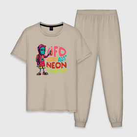 Мужская пижама хлопок с принтом UFO street art neon humanoid , 100% хлопок | брюки и футболка прямого кроя, без карманов, на брюках мягкая резинка на поясе и по низу штанин
 | 