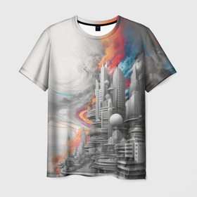Мужская футболка 3D с принтом Футуристичный городской пейзаж в Кировске, 100% полиэфир | прямой крой, круглый вырез горловины, длина до линии бедер | 