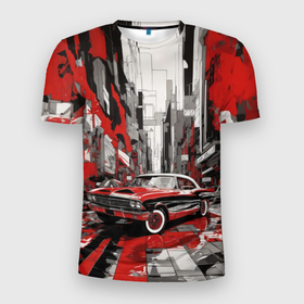 Мужская футболка 3D Slim с принтом Черно красный автомобиль в Новосибирске, 100% полиэстер с улучшенными характеристиками | приталенный силуэт, круглая горловина, широкие плечи, сужается к линии бедра | Тематика изображения на принте: 