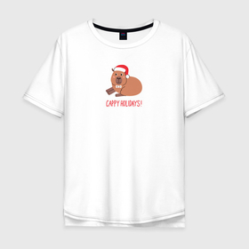 Мужская футболка хлопок Oversize с принтом Капибара Новый Год в Белгороде, 100% хлопок | свободный крой, круглый ворот, “спинка” длиннее передней части | Тематика изображения на принте: 