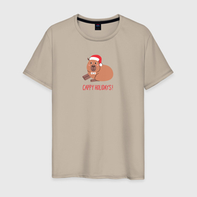 Мужская футболка хлопок с принтом Капибара Новый Год в Санкт-Петербурге, 100% хлопок | прямой крой, круглый вырез горловины, длина до линии бедер, слегка спущенное плечо. | 