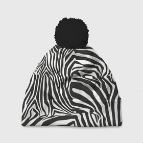 Шапка 3D c помпоном с принтом Шкура зебры черно   белая графика в Тюмени, 100% полиэстер | универсальный размер, печать по всей поверхности изделия | 