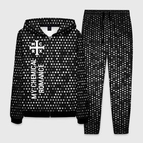 Мужской костюм 3D с принтом My Chemical Romance glitch на темном фоне по вертикали в Екатеринбурге, 100% полиэстер | Манжеты и пояс оформлены тканевой резинкой, двухслойный капюшон со шнурком для регулировки, карманы спереди | 