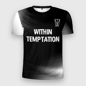 Мужская футболка 3D Slim с принтом Within Temptation glitch на темном фоне посередине в Екатеринбурге, 100% полиэстер с улучшенными характеристиками | приталенный силуэт, круглая горловина, широкие плечи, сужается к линии бедра | 