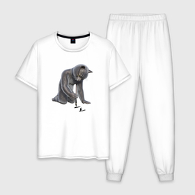 Мужская пижама хлопок с принтом Кот рисует кисточкой катакану в Тюмени, 100% хлопок | брюки и футболка прямого кроя, без карманов, на брюках мягкая резинка на поясе и по низу штанин
 | 