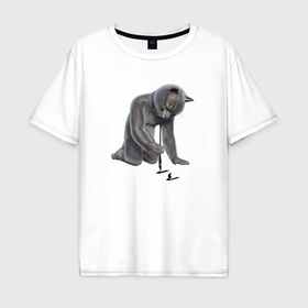 Мужская футболка хлопок Oversize с принтом Кот рисует кисточкой катакану в Тюмени, 100% хлопок | свободный крой, круглый ворот, “спинка” длиннее передней части | 