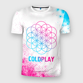 Мужская футболка 3D Slim с принтом Coldplay neon gradient style , 100% полиэстер с улучшенными характеристиками | приталенный силуэт, круглая горловина, широкие плечи, сужается к линии бедра | 
