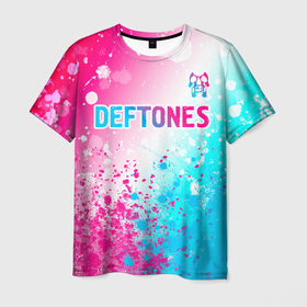 Мужская футболка 3D с принтом Deftones neon gradient style посередине в Тюмени, 100% полиэфир | прямой крой, круглый вырез горловины, длина до линии бедер | Тематика изображения на принте: 