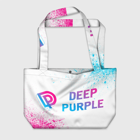 Пляжная сумка 3D с принтом Deep Purple neon gradient style по горизонтали в Белгороде, 100% полиэстер | застегивается на металлическую кнопку; внутренний карман застегивается на молнию. Стенки укреплены специальным мягким материалом, чтобы защитить содержимое от несильных ударов
 | Тематика изображения на принте: 
