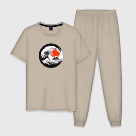 Мужская пижама хлопок с принтом Retro wave on japanese style в Тюмени, 100% хлопок | брюки и футболка прямого кроя, без карманов, на брюках мягкая резинка на поясе и по низу штанин
 | 