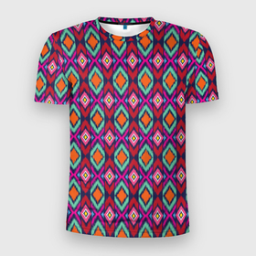 Мужская футболка 3D Slim с принтом Узор имитация ткань икат розового цвета в Белгороде, 100% полиэстер с улучшенными характеристиками | приталенный силуэт, круглая горловина, широкие плечи, сужается к линии бедра | 