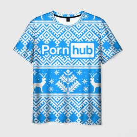 Мужская футболка 3D с принтом Порнхаб   новогодний синий паттерн в Курске, 100% полиэфир | прямой крой, круглый вырез горловины, длина до линии бедер | Тематика изображения на принте: 