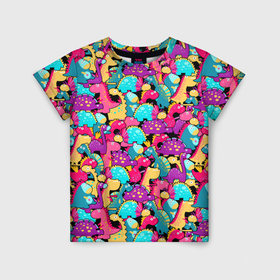 Детская футболка 3D с принтом Разноцветные пучеглазые динозаврики в Кировске, 100% гипоаллергенный полиэфир | прямой крой, круглый вырез горловины, длина до линии бедер, чуть спущенное плечо, ткань немного тянется | 