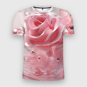 Мужская футболка 3D Slim с принтом Нежные розы с бусинами в Санкт-Петербурге, 100% полиэстер с улучшенными характеристиками | приталенный силуэт, круглая горловина, широкие плечи, сужается к линии бедра | 