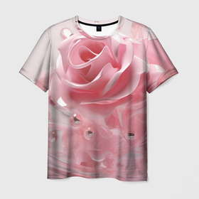 Мужская футболка 3D с принтом Нежные розы с бусинами в Санкт-Петербурге, 100% полиэфир | прямой крой, круглый вырез горловины, длина до линии бедер | 