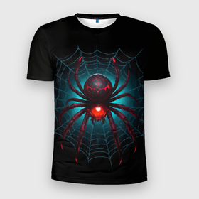 Мужская футболка 3D Slim с принтом Жуткий паук красного и черного цвета в Белгороде, 100% полиэстер с улучшенными характеристиками | приталенный силуэт, круглая горловина, широкие плечи, сужается к линии бедра | Тематика изображения на принте: 