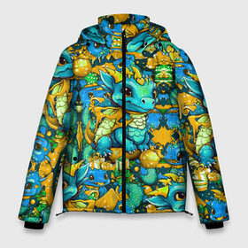 Мужская зимняя куртка 3D с принтом Милые новогодние дракончики в Новосибирске, верх — 100% полиэстер; подкладка — 100% полиэстер; утеплитель — 100% полиэстер | длина ниже бедра, свободный силуэт Оверсайз. Есть воротник-стойка, отстегивающийся капюшон и ветрозащитная планка. 

Боковые карманы с листочкой на кнопках и внутренний карман на молнии. | 
