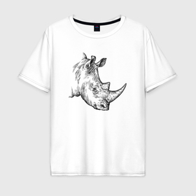Мужская футболка хлопок Oversize с принтом Голова носорога гравюра в Екатеринбурге, 100% хлопок | свободный крой, круглый ворот, “спинка” длиннее передней части | 