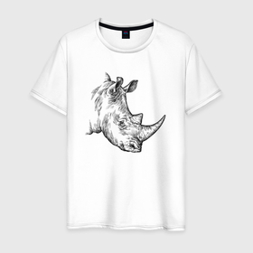 Мужская футболка хлопок с принтом Голова носорога гравюра в Тюмени, 100% хлопок | прямой крой, круглый вырез горловины, длина до линии бедер, слегка спущенное плечо. | 