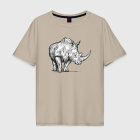 Мужская футболка хлопок Oversize с принтом Носорог стоит , 100% хлопок | свободный крой, круглый ворот, “спинка” длиннее передней части | 