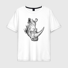 Мужская футболка хлопок Oversize с принтом Голова носорога штрихами в Новосибирске, 100% хлопок | свободный крой, круглый ворот, “спинка” длиннее передней части | Тематика изображения на принте: 