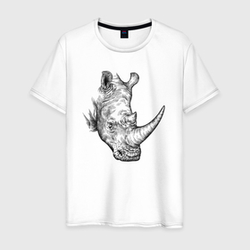 Мужская футболка хлопок с принтом Голова носорога штрихами в Екатеринбурге, 100% хлопок | прямой крой, круглый вырез горловины, длина до линии бедер, слегка спущенное плечо. | 