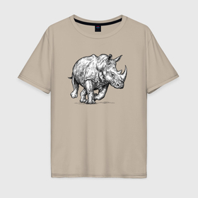 Мужская футболка хлопок Oversize с принтом Носорог бежит в Тюмени, 100% хлопок | свободный крой, круглый ворот, “спинка” длиннее передней части | 