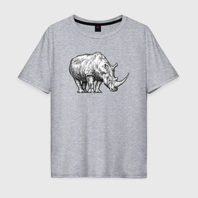 Мужская футболка хлопок Oversize с принтом Носорог большой , 100% хлопок | свободный крой, круглый ворот, “спинка” длиннее передней части | 