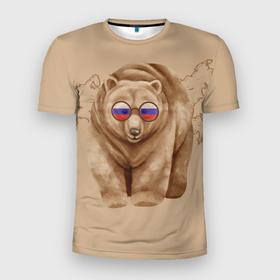 Мужская футболка 3D Slim с принтом Медведь патриотки в очках из России , 100% полиэстер с улучшенными характеристиками | приталенный силуэт, круглая горловина, широкие плечи, сужается к линии бедра | 