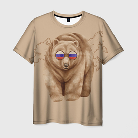 Мужская футболка 3D с принтом Медведь патриотки в очках из России , 100% полиэфир | прямой крой, круглый вырез горловины, длина до линии бедер | 