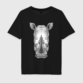 Мужская футболка хлопок Oversize с принтом Носорог белый анфас в Новосибирске, 100% хлопок | свободный крой, круглый ворот, “спинка” длиннее передней части | Тематика изображения на принте: 