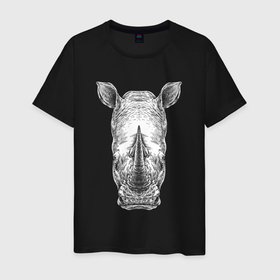 Мужская футболка хлопок с принтом Носорог белый анфас в Белгороде, 100% хлопок | прямой крой, круглый вырез горловины, длина до линии бедер, слегка спущенное плечо. | Тематика изображения на принте: 