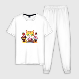 Мужская пижама хлопок с принтом Рыжий кот и пирожные в Новосибирске, 100% хлопок | брюки и футболка прямого кроя, без карманов, на брюках мягкая резинка на поясе и по низу штанин
 | Тематика изображения на принте: 