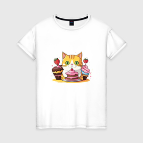 Женская футболка хлопок с принтом Рыжий кот и пирожные в Петрозаводске, 100% хлопок | прямой крой, круглый вырез горловины, длина до линии бедер, слегка спущенное плечо | 