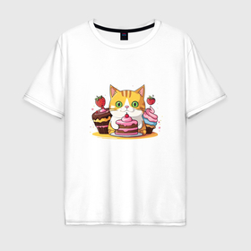 Мужская футболка хлопок Oversize с принтом Рыжий кот и пирожные в Новосибирске, 100% хлопок | свободный крой, круглый ворот, “спинка” длиннее передней части | 
