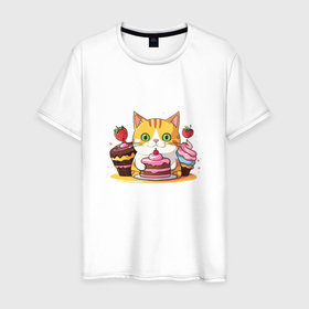 Мужская футболка хлопок с принтом Рыжий кот и пирожные в Новосибирске, 100% хлопок | прямой крой, круглый вырез горловины, длина до линии бедер, слегка спущенное плечо. | Тематика изображения на принте: 