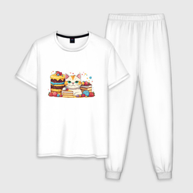 Мужская пижама хлопок с принтом Кот и пироги с ягодами в Тюмени, 100% хлопок | брюки и футболка прямого кроя, без карманов, на брюках мягкая резинка на поясе и по низу штанин
 | Тематика изображения на принте: 