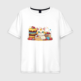 Мужская футболка хлопок Oversize с принтом Кот и пироги с ягодами в Тюмени, 100% хлопок | свободный крой, круглый ворот, “спинка” длиннее передней части | Тематика изображения на принте: 