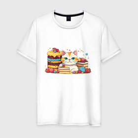Мужская футболка хлопок с принтом Кот и пироги с ягодами в Тюмени, 100% хлопок | прямой крой, круглый вырез горловины, длина до линии бедер, слегка спущенное плечо. | Тематика изображения на принте: 