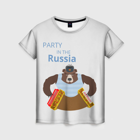 Женская футболка 3D с принтом Вечеринка в России с медведем , 100% полиэфир ( синтетическое хлопкоподобное полотно) | прямой крой, круглый вырез горловины, длина до линии бедер | 