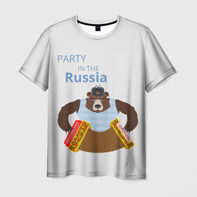 Мужская футболка 3D с принтом Вечеринка в России с медведем в Петрозаводске, 100% полиэфир | прямой крой, круглый вырез горловины, длина до линии бедер | 