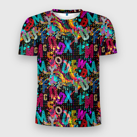 Мужская футболка 3D Slim с принтом Multicolored english letters в Екатеринбурге, 100% полиэстер с улучшенными характеристиками | приталенный силуэт, круглая горловина, широкие плечи, сужается к линии бедра | 