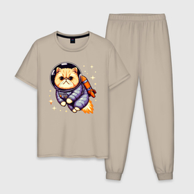 Мужская пижама хлопок с принтом Котик бравый космонавт с джетпаком , 100% хлопок | брюки и футболка прямого кроя, без карманов, на брюках мягкая резинка на поясе и по низу штанин
 | Тематика изображения на принте: 