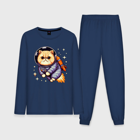 Мужская пижама с лонгсливом хлопок с принтом Котик бравый космонавт с джетпаком ,  |  | Тематика изображения на принте: 